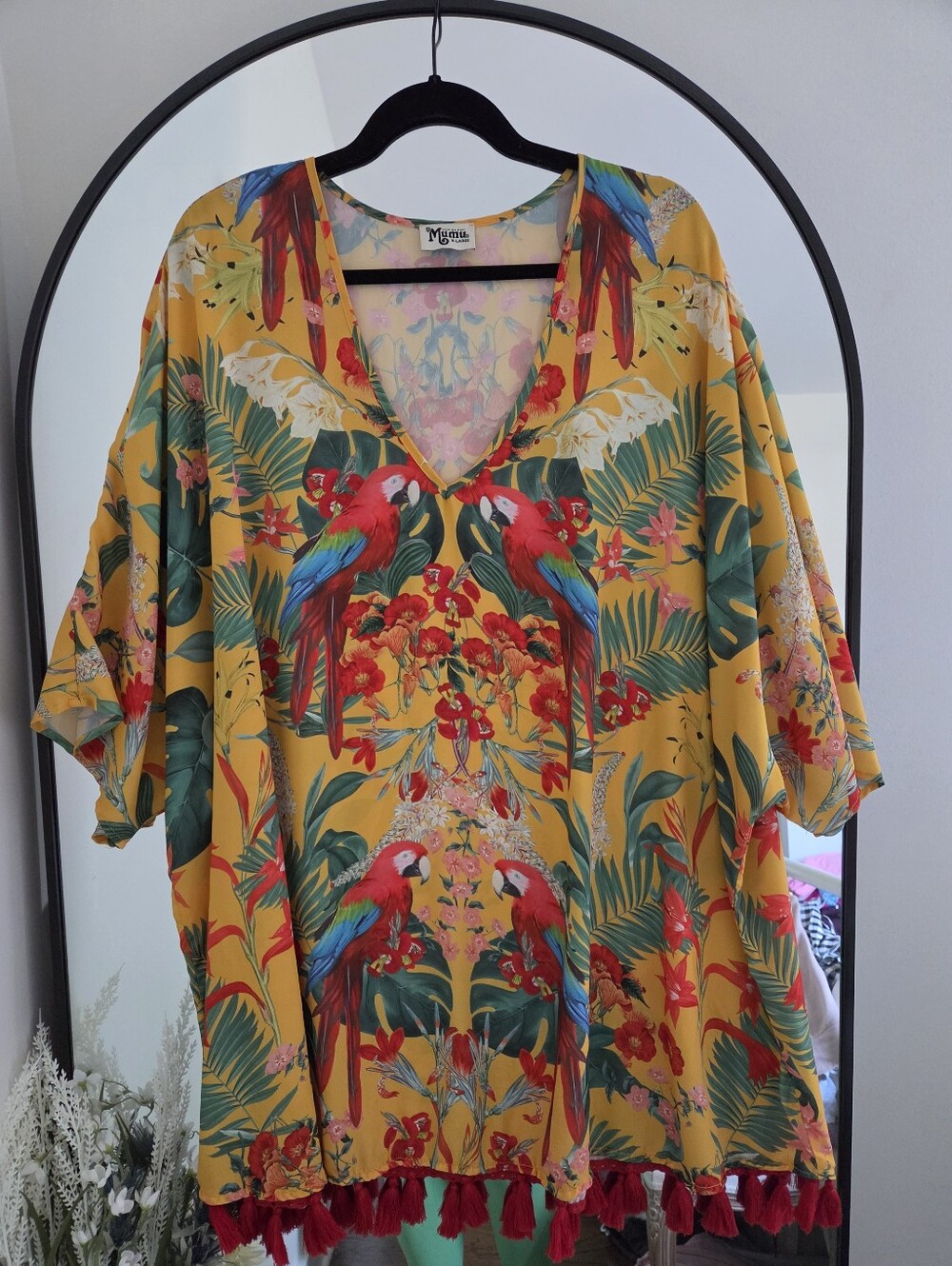 Show Me Your MuMu Yellow Parrot Swim Coverup with Red Tassels